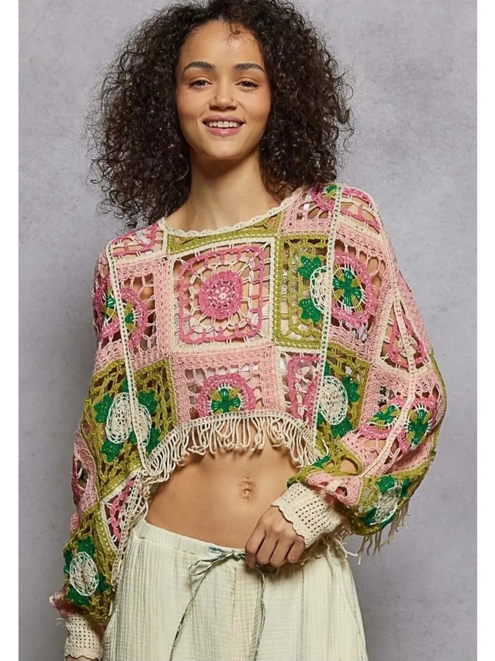 Crochet Square Fringe Crop Top - Pink & Green By POL
